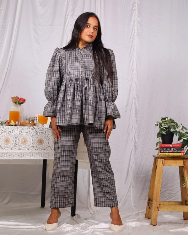 Black Checks Peplum Comfortable Airy Co Ord Set - wearendlessbloom