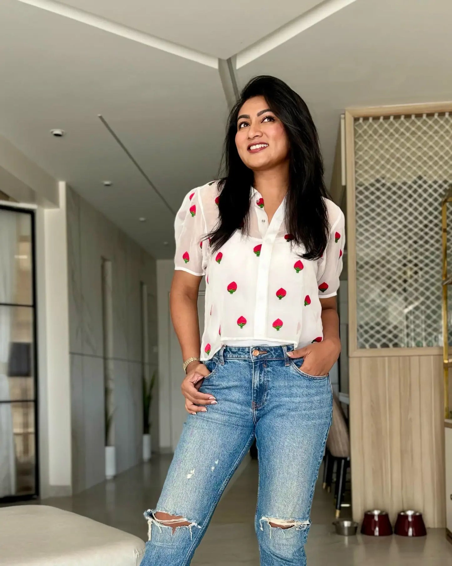 White Shirt With Embroidered Strawberries With Inner - wearendlessbloom