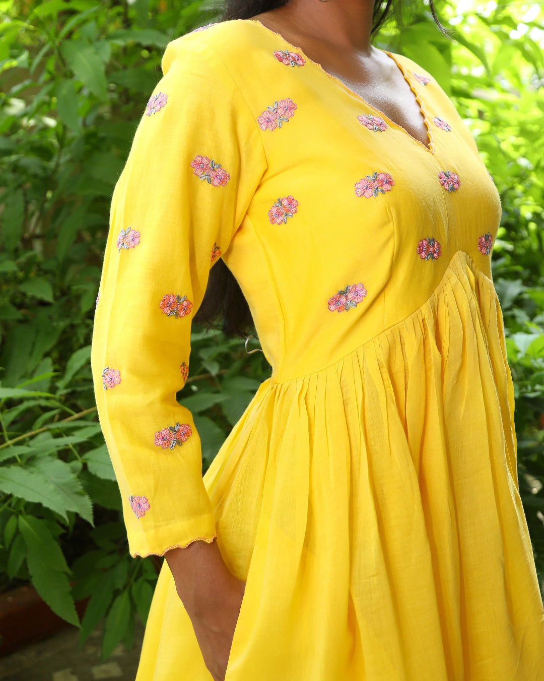 Hand embroidered yellow chanderi dress