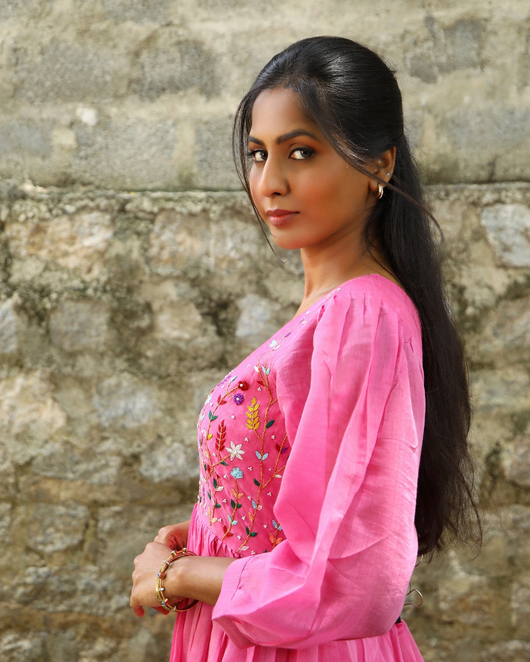 Hand embroidered pink chanderi dress