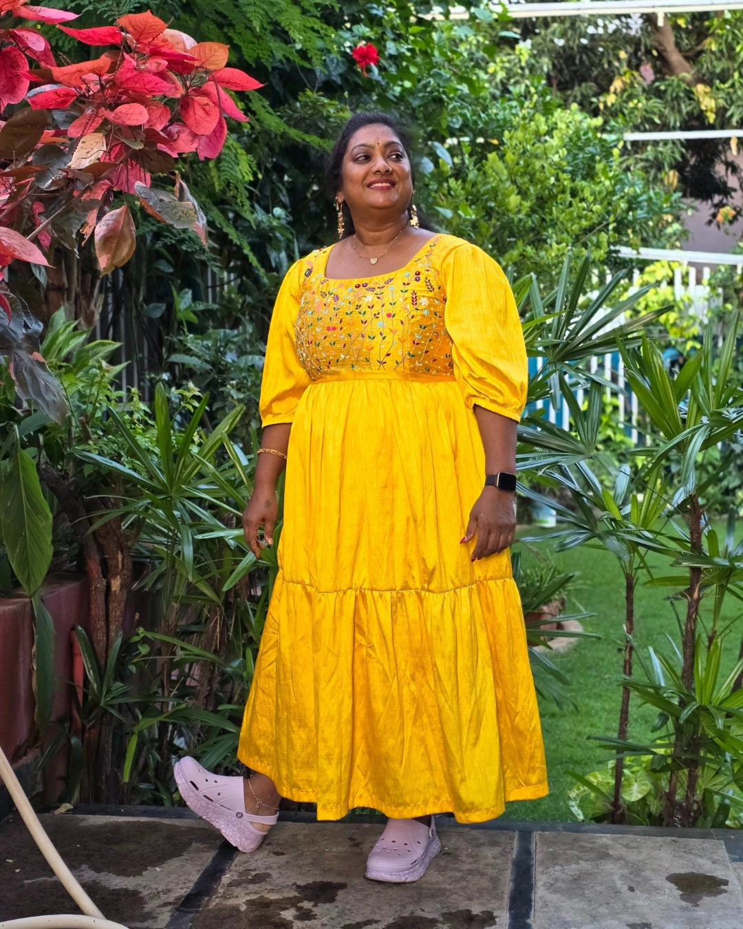 Hand embroidered yellow silk dress