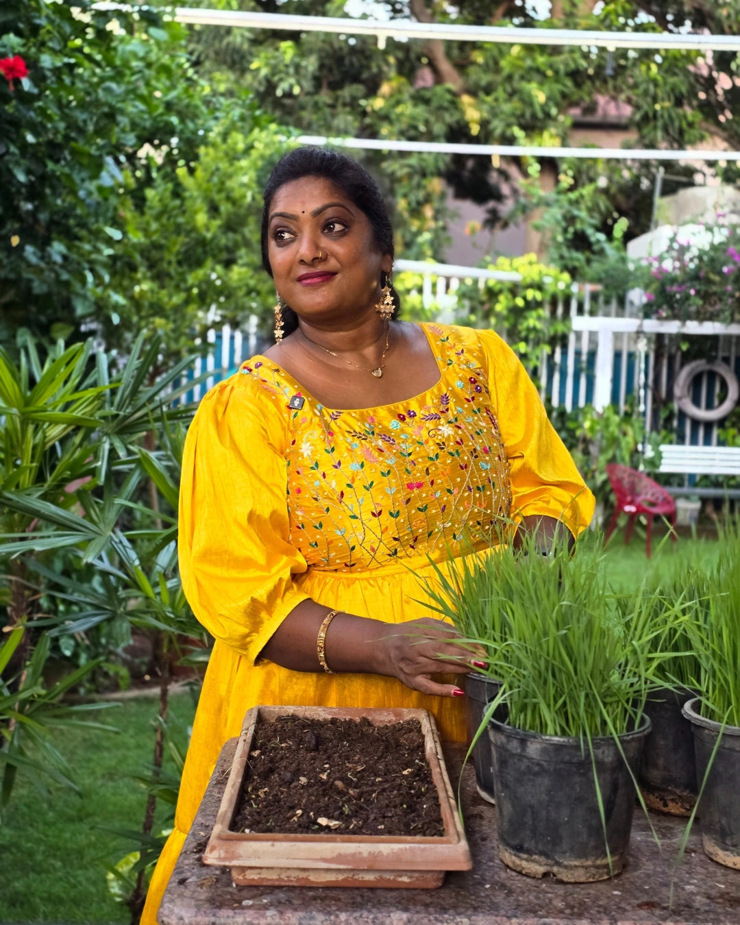 Hand embroidered yellow silk dress