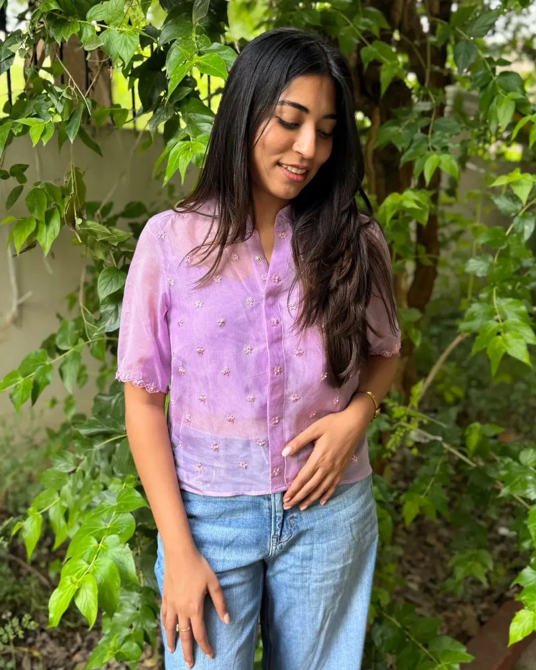Lavender Hand Embroidered Shirt with Inner - wearendlessbloom