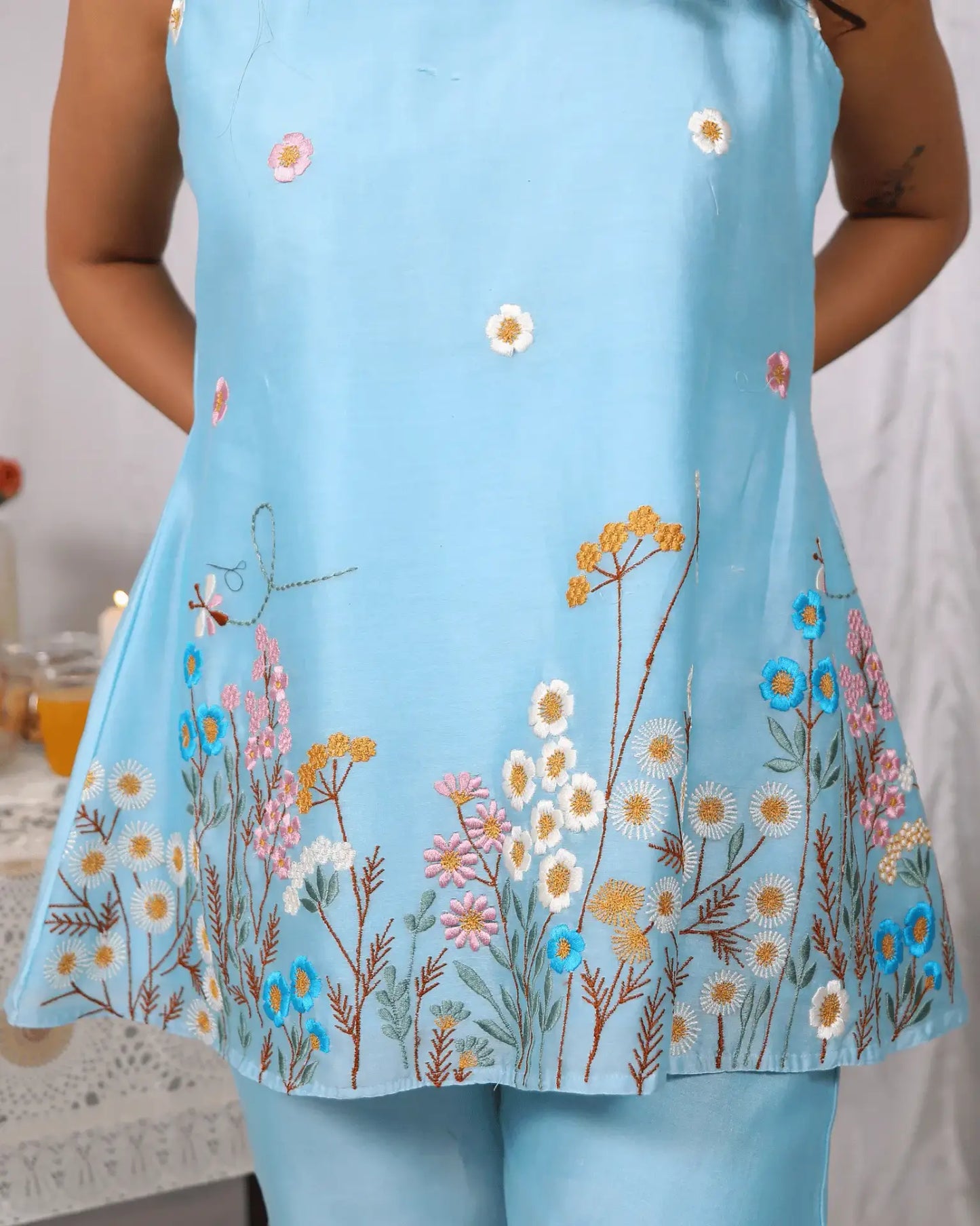 Blue Aqua Luxury Embroidered Chanderi Co Ord Set - wearendlessbloom