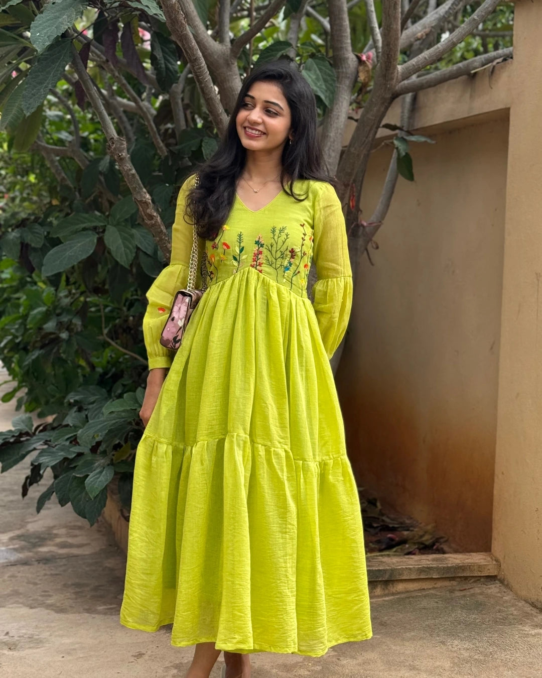 Hand embroidered green chanderi dress