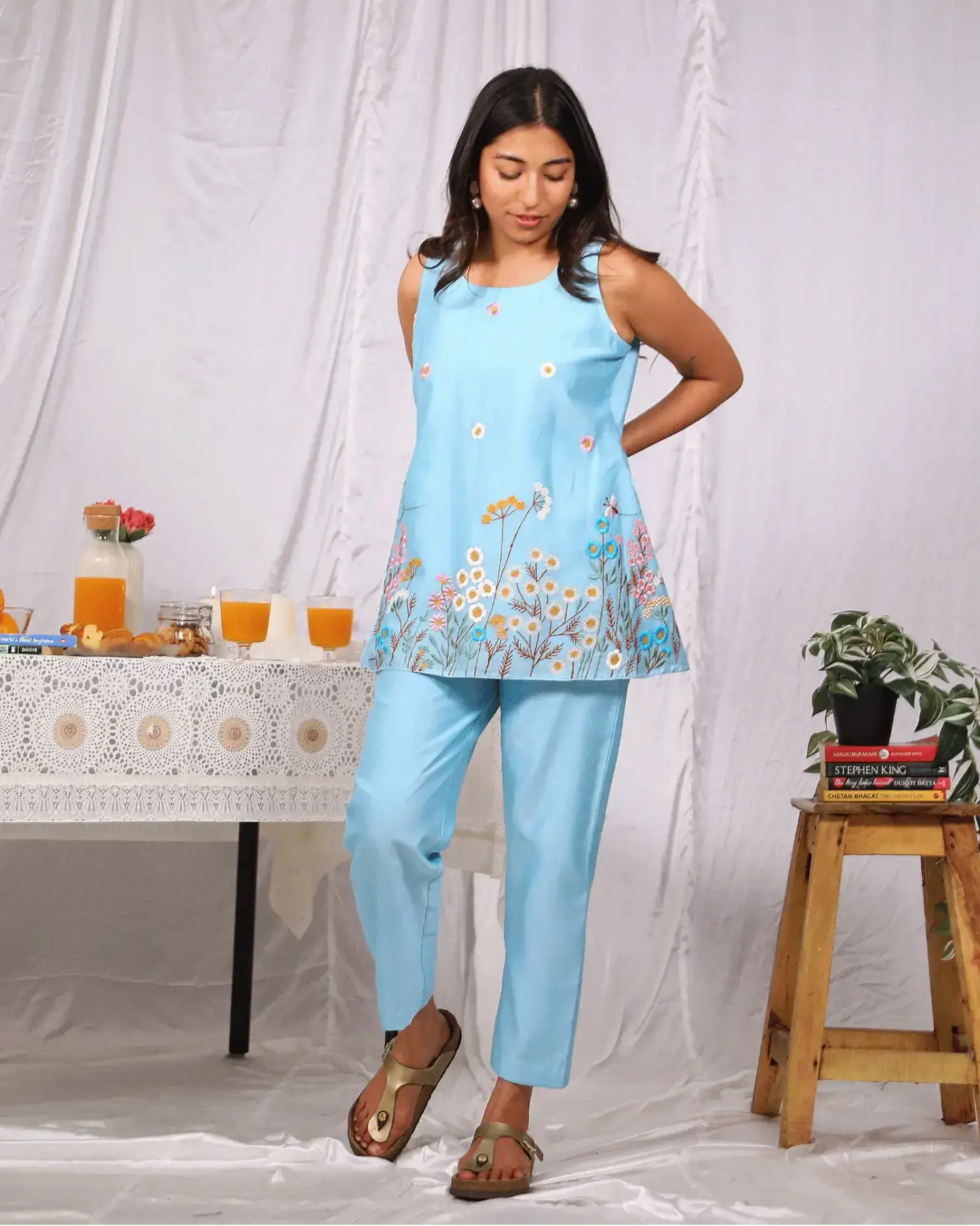 Blue Aqua Luxury Embroidered Chanderi Co Ord Set - wearendlessbloom