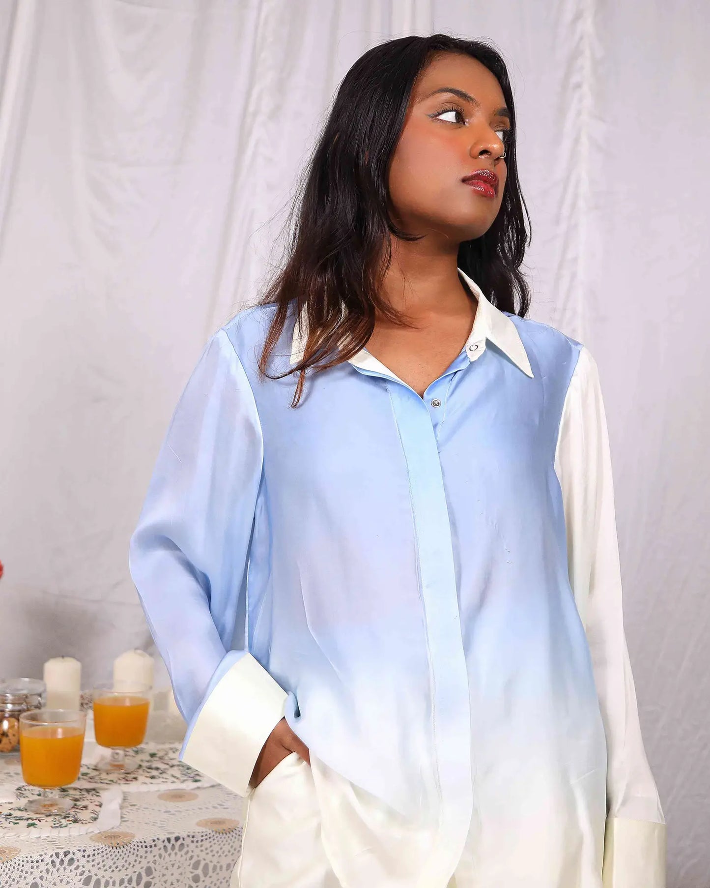 White And Blue Cloud Satin Shirt - wearendlessbloom