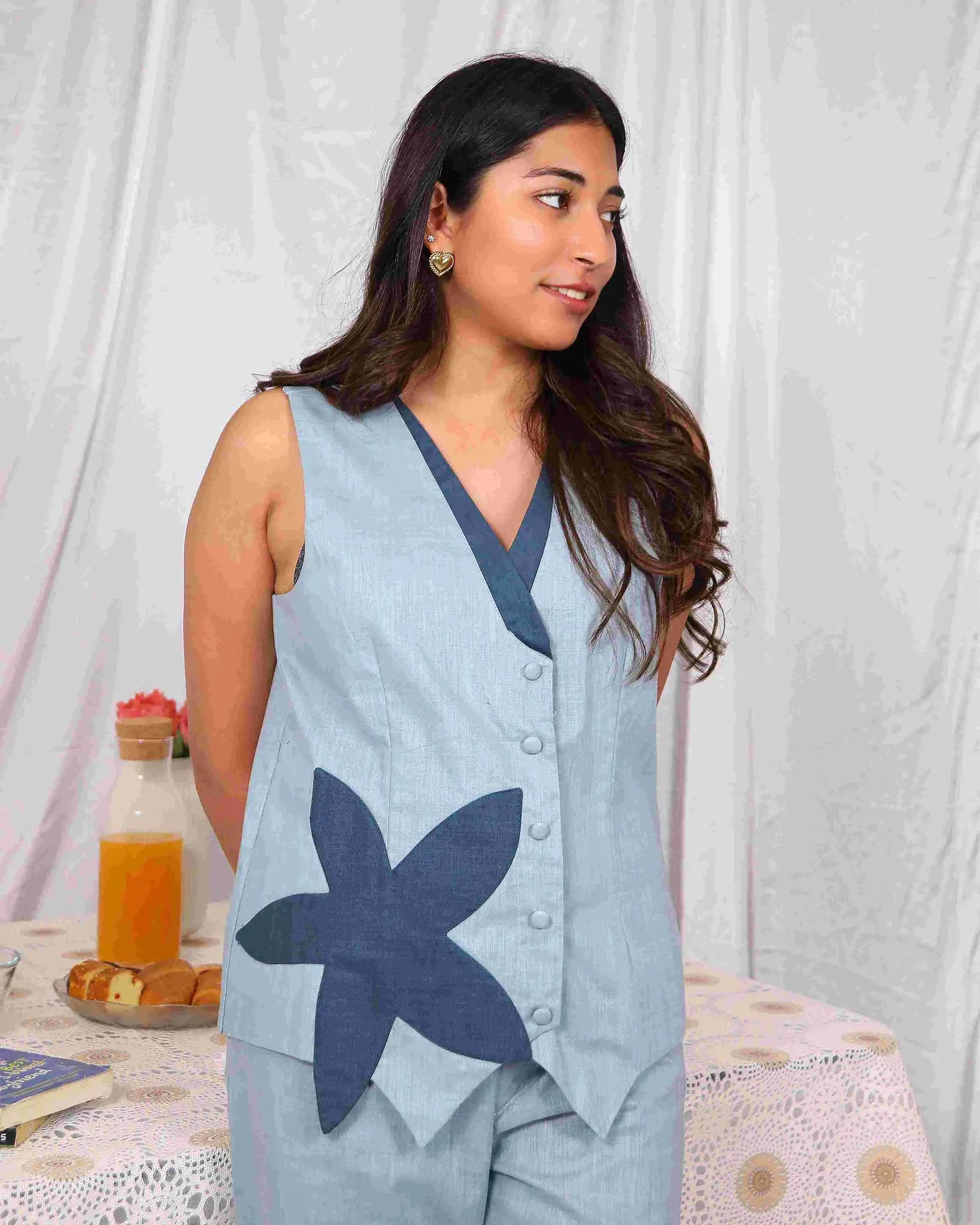 Flower Vibe Patch Blue Sleeveless Comfortable Co Ord Set - wearendlessbloom