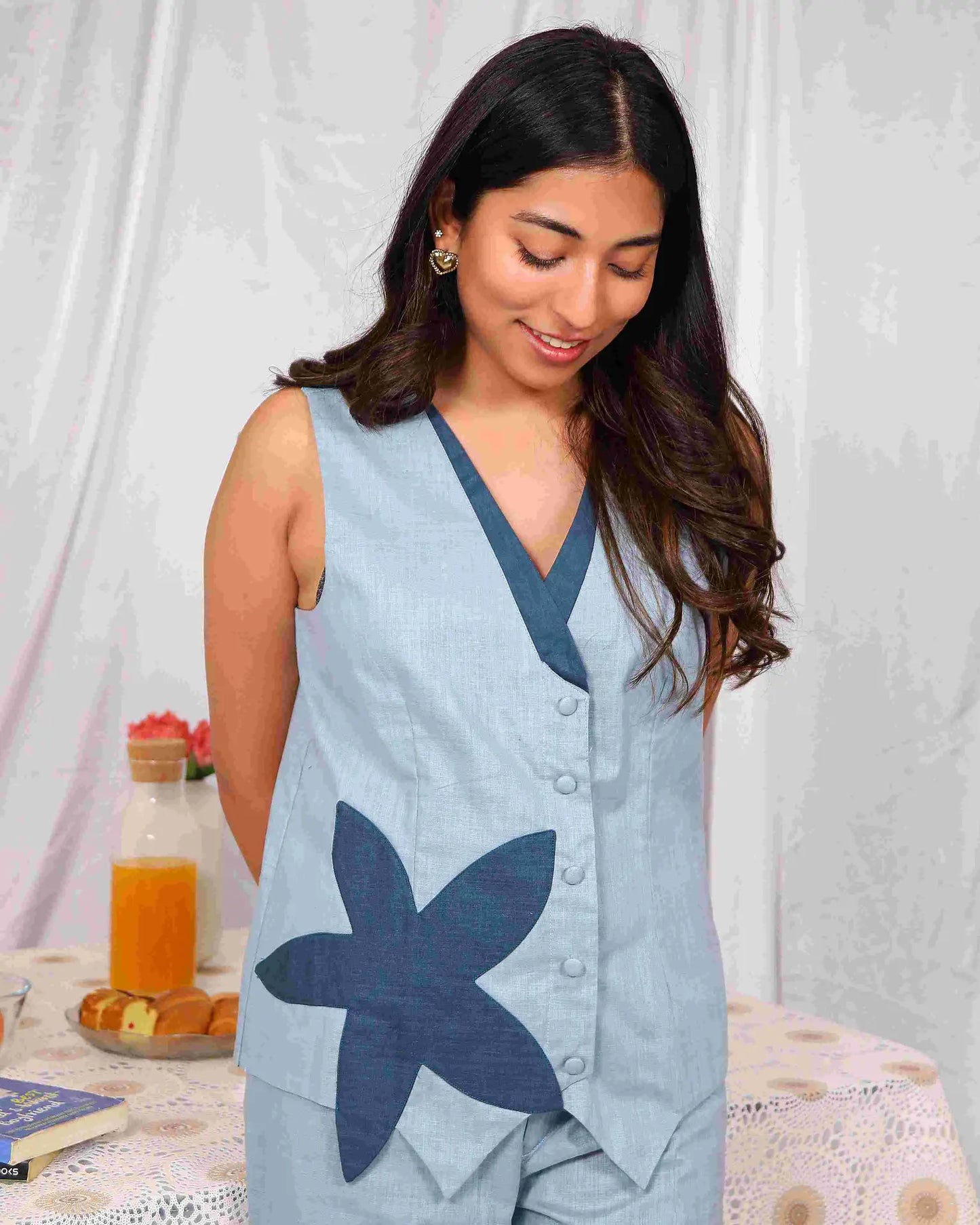 Flower Vibe Patch Blue Sleeveless Comfortable Co Ord Set - wearendlessbloom