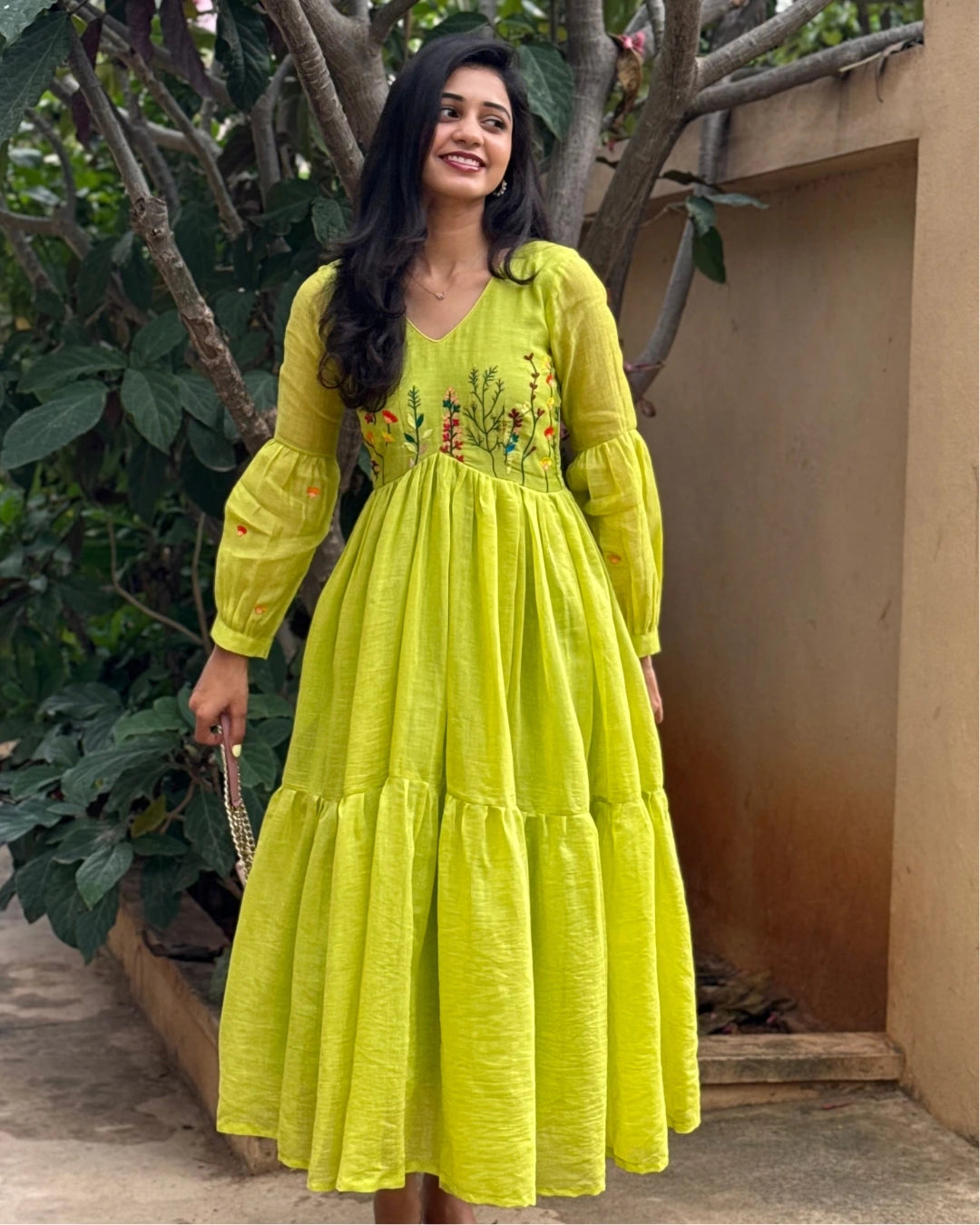 Hand embroidered green chanderi dress