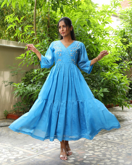 Hand embroidered blue chanderi dress