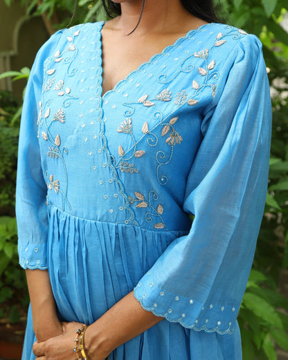 Hand embroidered blue chanderi dress