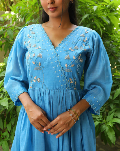 Hand embroidered blue chanderi dress
