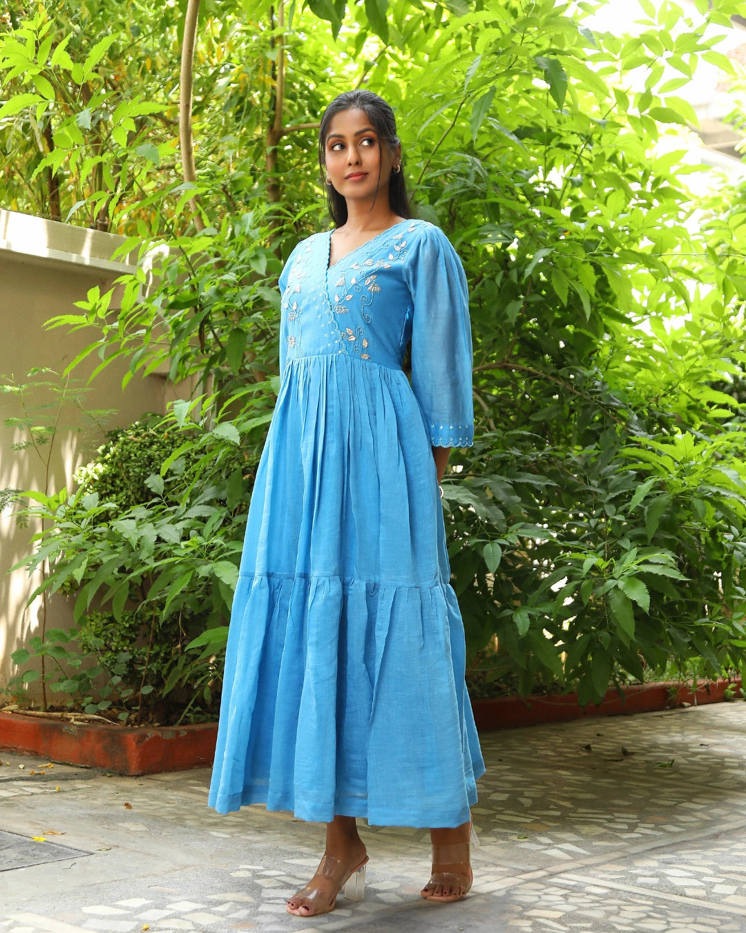 Hand embroidered blue chanderi dress