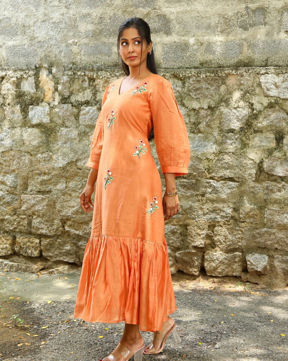 Hand embroidered orange chanderi dress