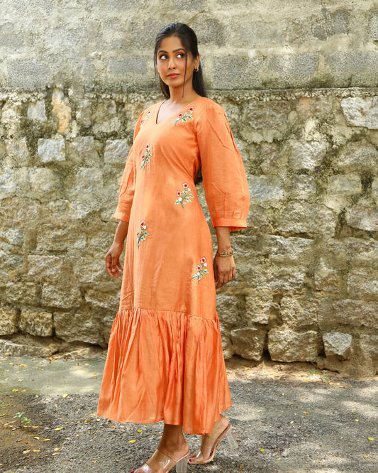 Hand embroidered orange chanderi dress