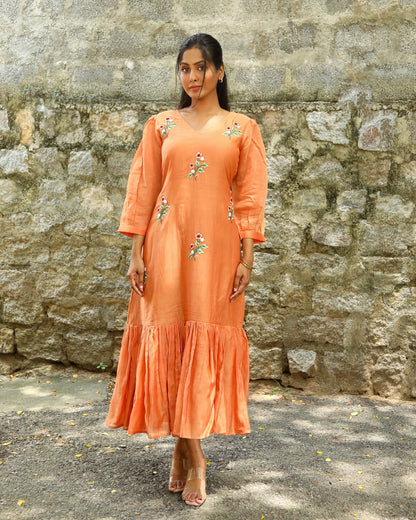 Hand embroidered orange chanderi dress