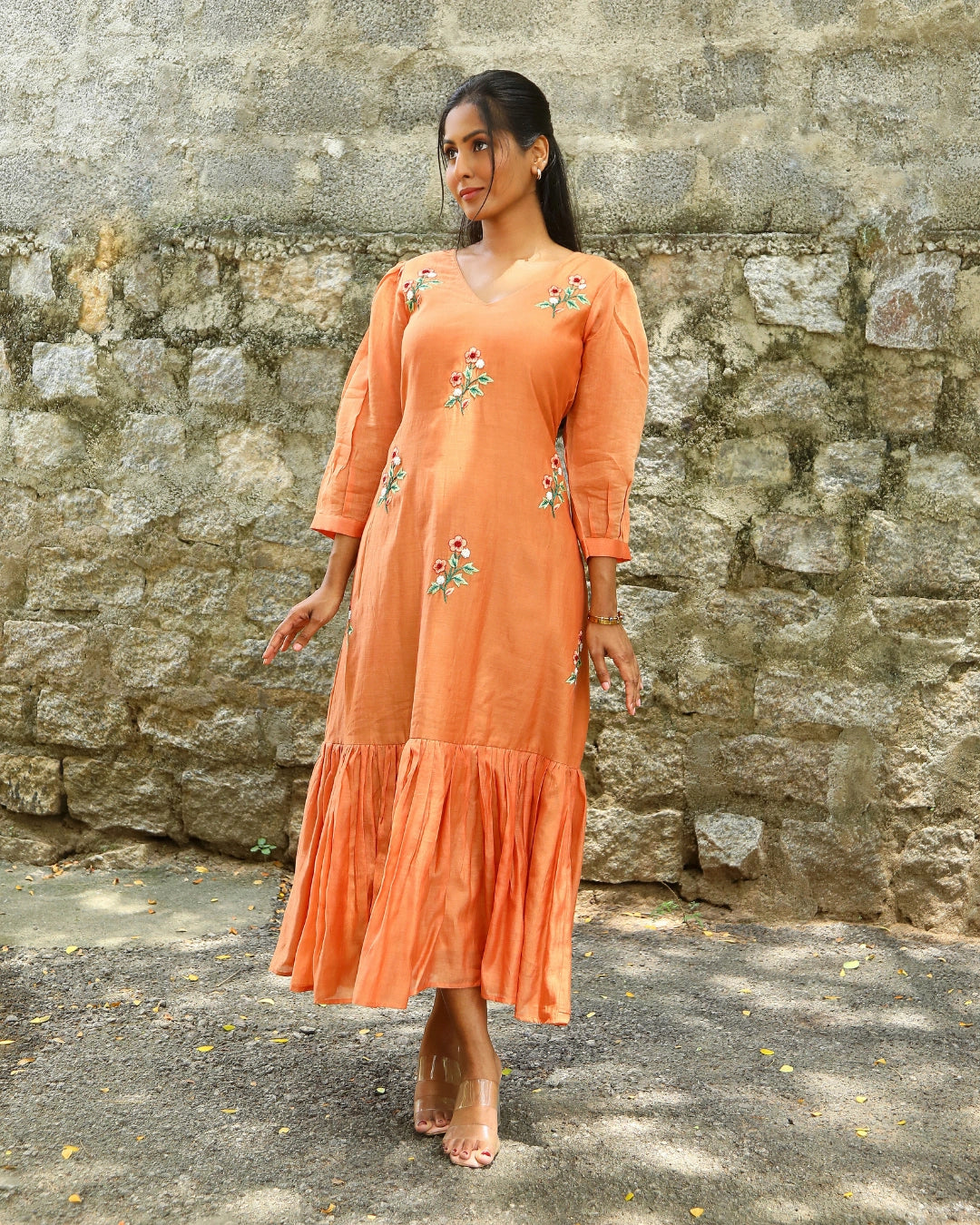 Hand embroidered orange chanderi dress