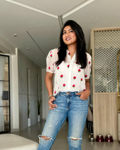 White Shirt With Embroidered Strawberries With Inner - wearendlessbloom