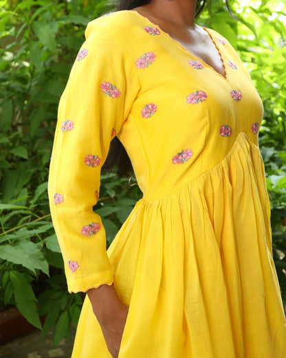 Hand embroidered yellow chanderi dress