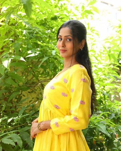 Hand embroidered yellow chanderi dress