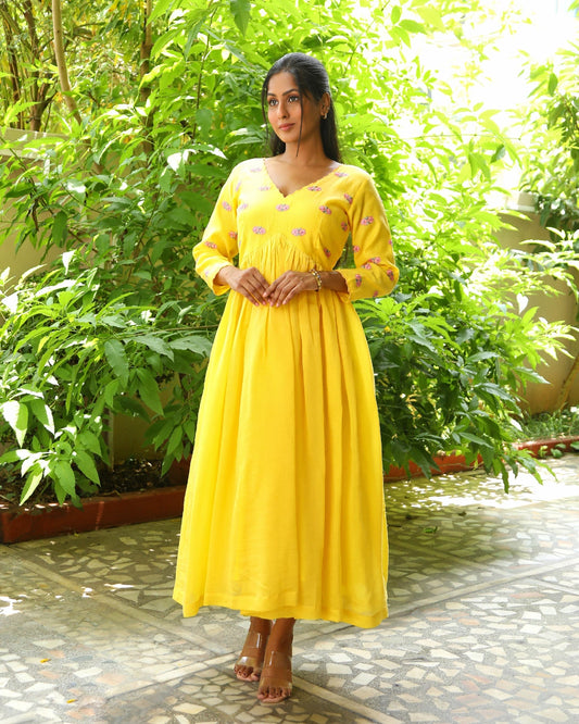 Hand embroidered yellow chanderi dress