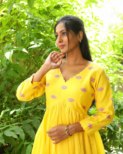 Hand embroidered yellow chanderi dress