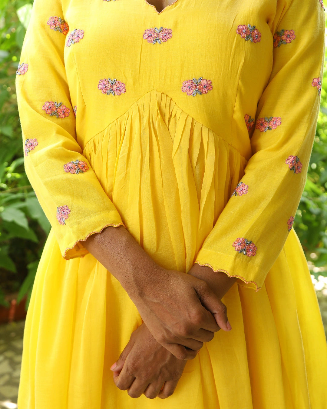 Hand embroidered yellow chanderi dress