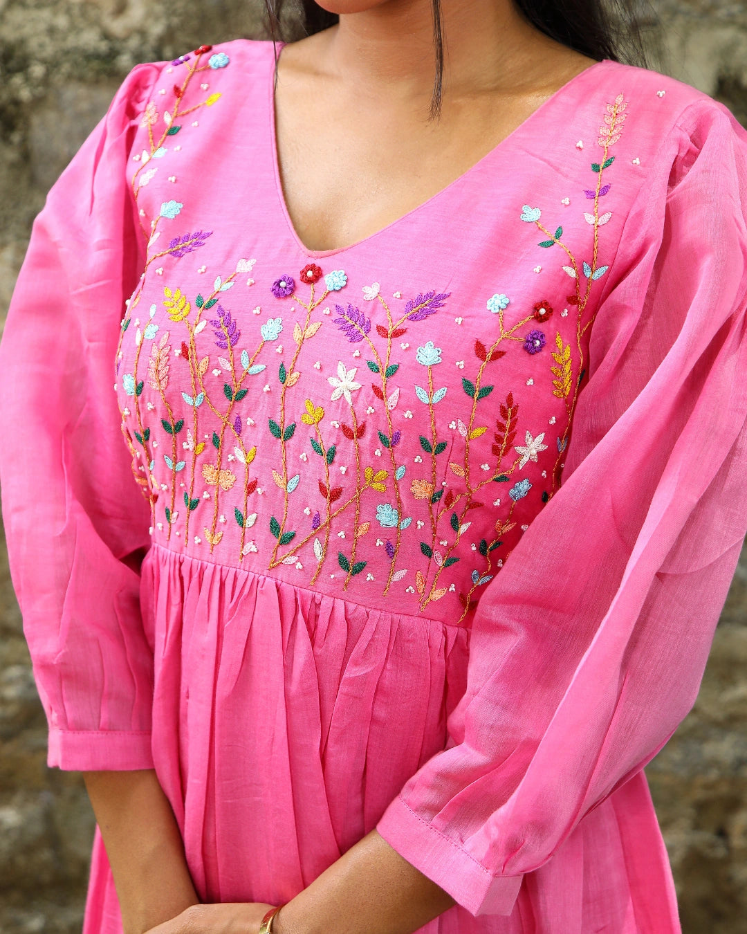 Hand embroidered pink chanderi dress
