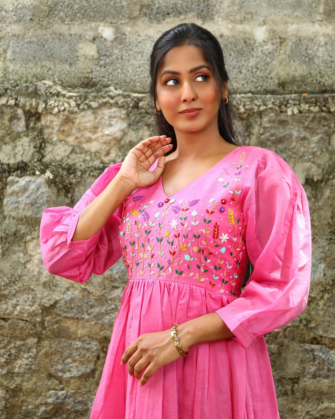 Hand embroidered pink chanderi dress