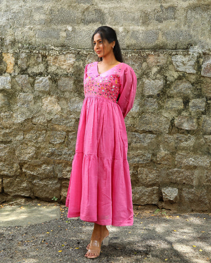 Hand embroidered pink chanderi dress