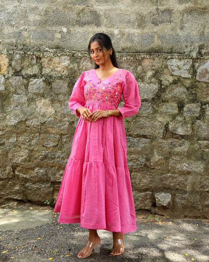 Hand embroidered pink chanderi dress