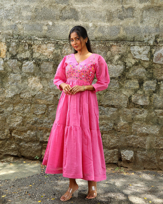 Hand embroidered pink chanderi dress