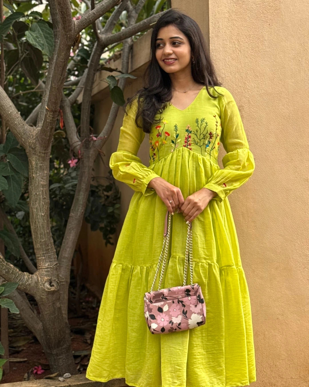 Hand embroidered green chanderi dress