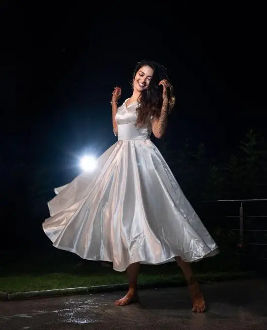 White Satin Puff Sleeves Midi Dress - wearendlessbloom