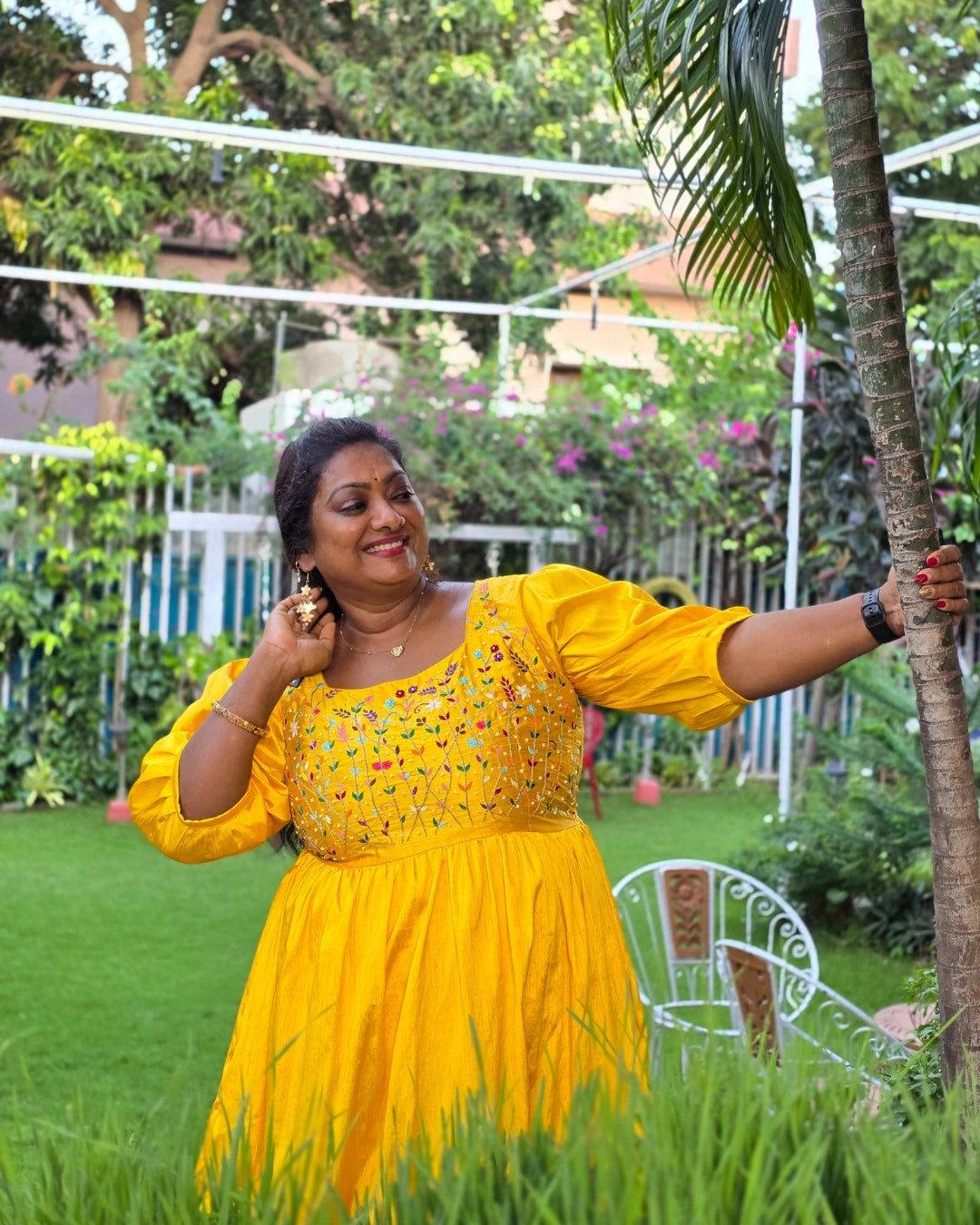 Hand embroidered yellow silk dress