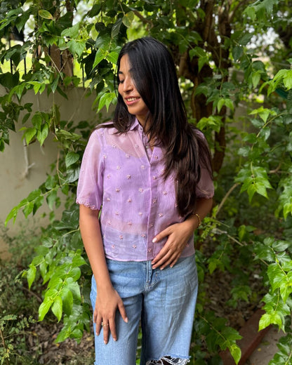 Lavender Hand Embroidered Shirt with Inner - wearendlessbloom