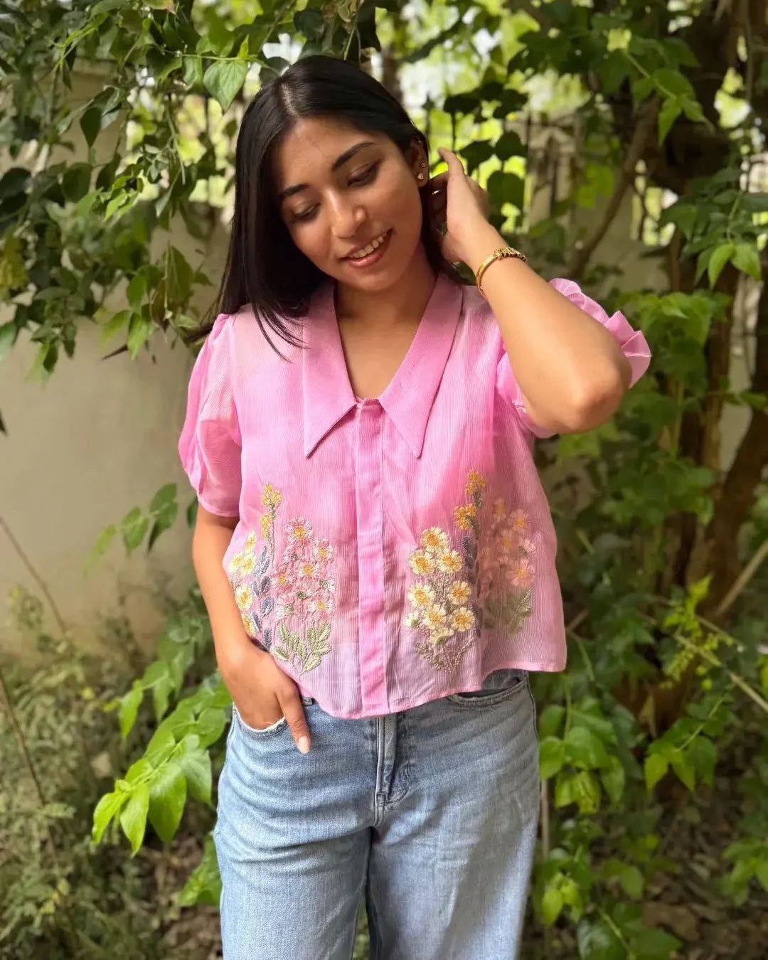 Pink Hand Embroidered Shirt with Inner - wearendlessbloom