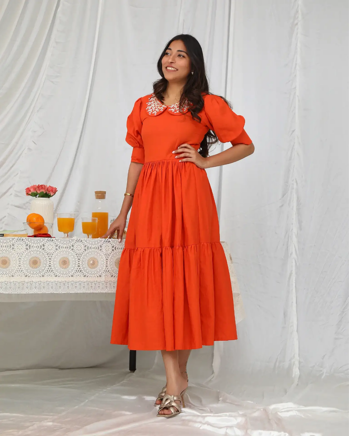 Mid Length Orange Linen Dress - wearendlessbloom