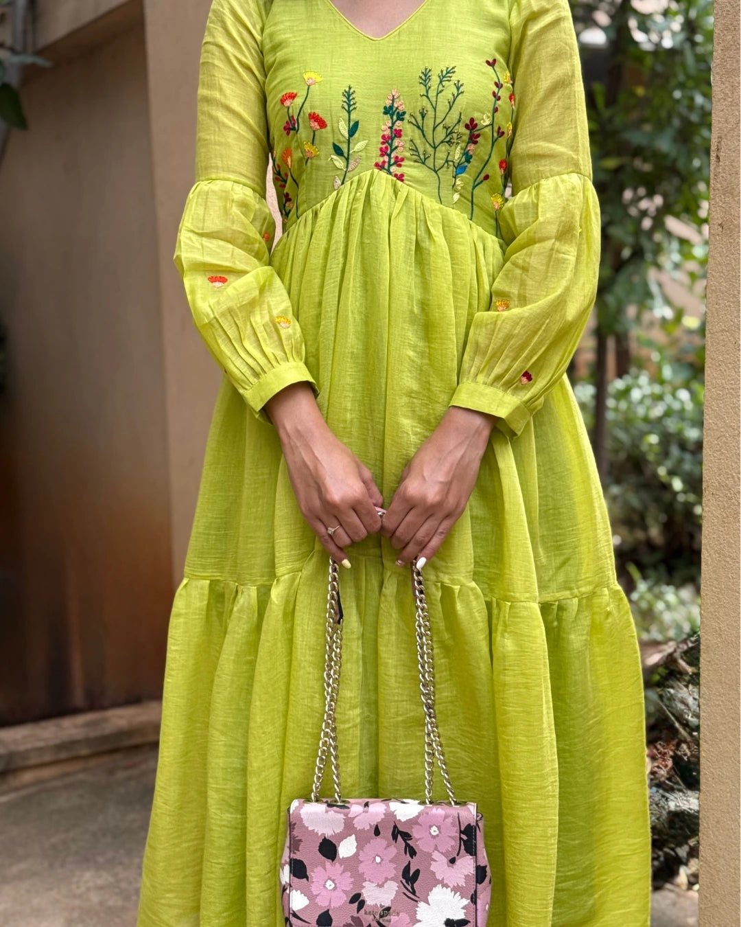Hand embroidered green chanderi dress