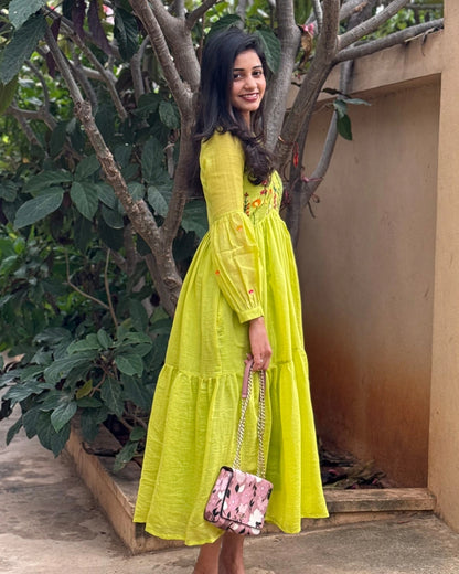 Hand embroidered green chanderi dress