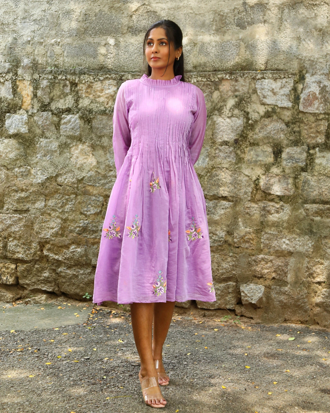 Hand embroidered lavender chanderi dress