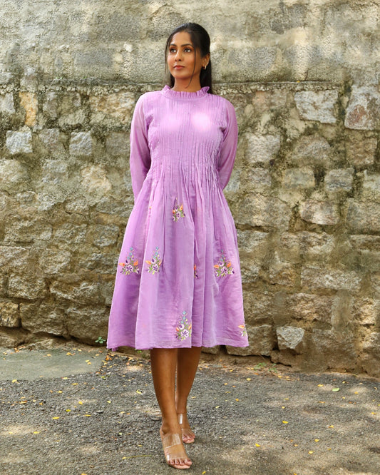 Hand embroidered lavender chanderi dress