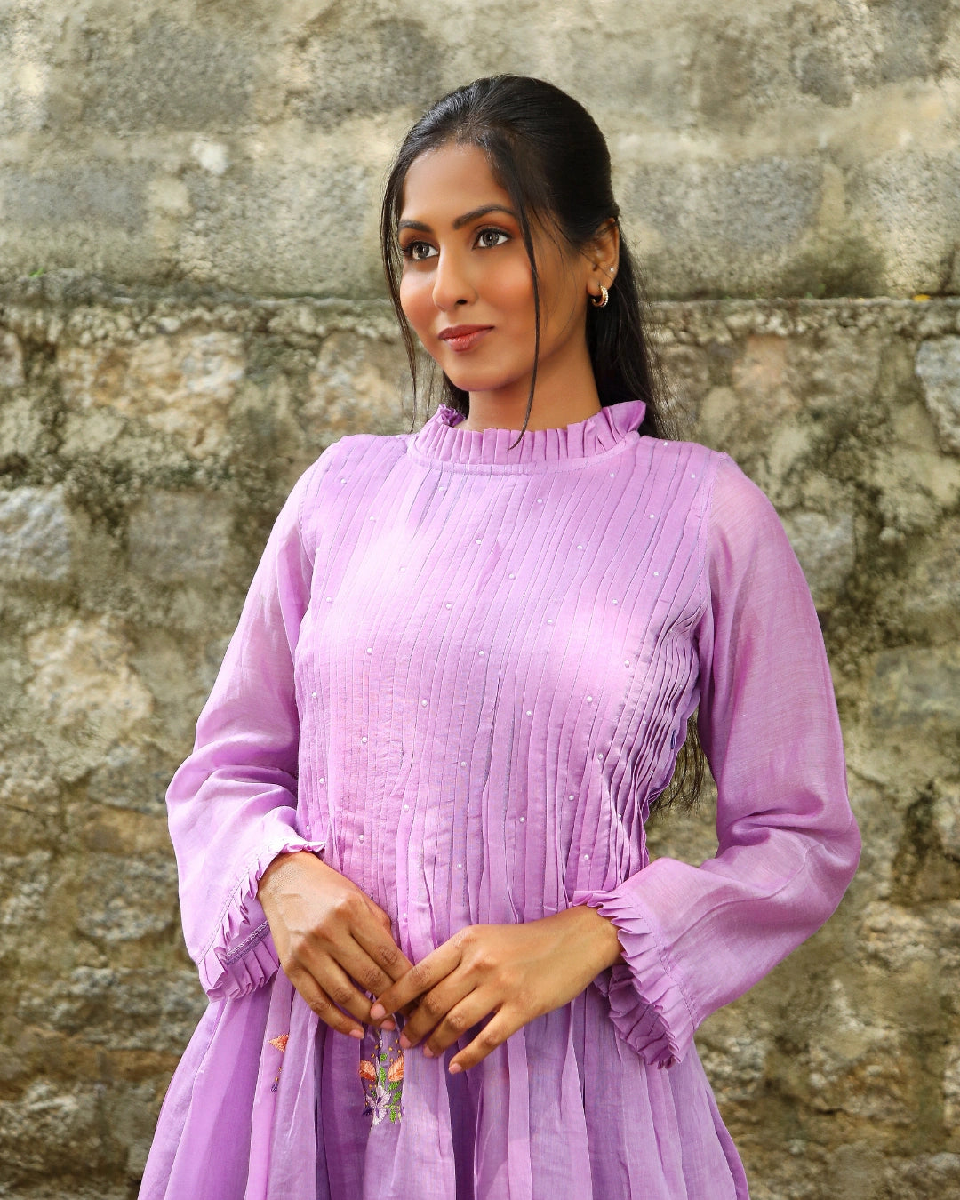 Hand embroidered lavender chanderi dress
