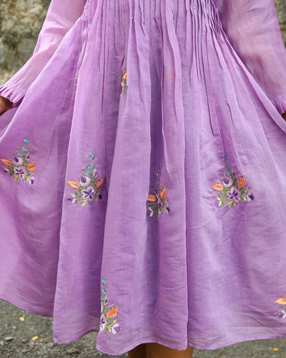 Hand embroidered lavender chanderi dress