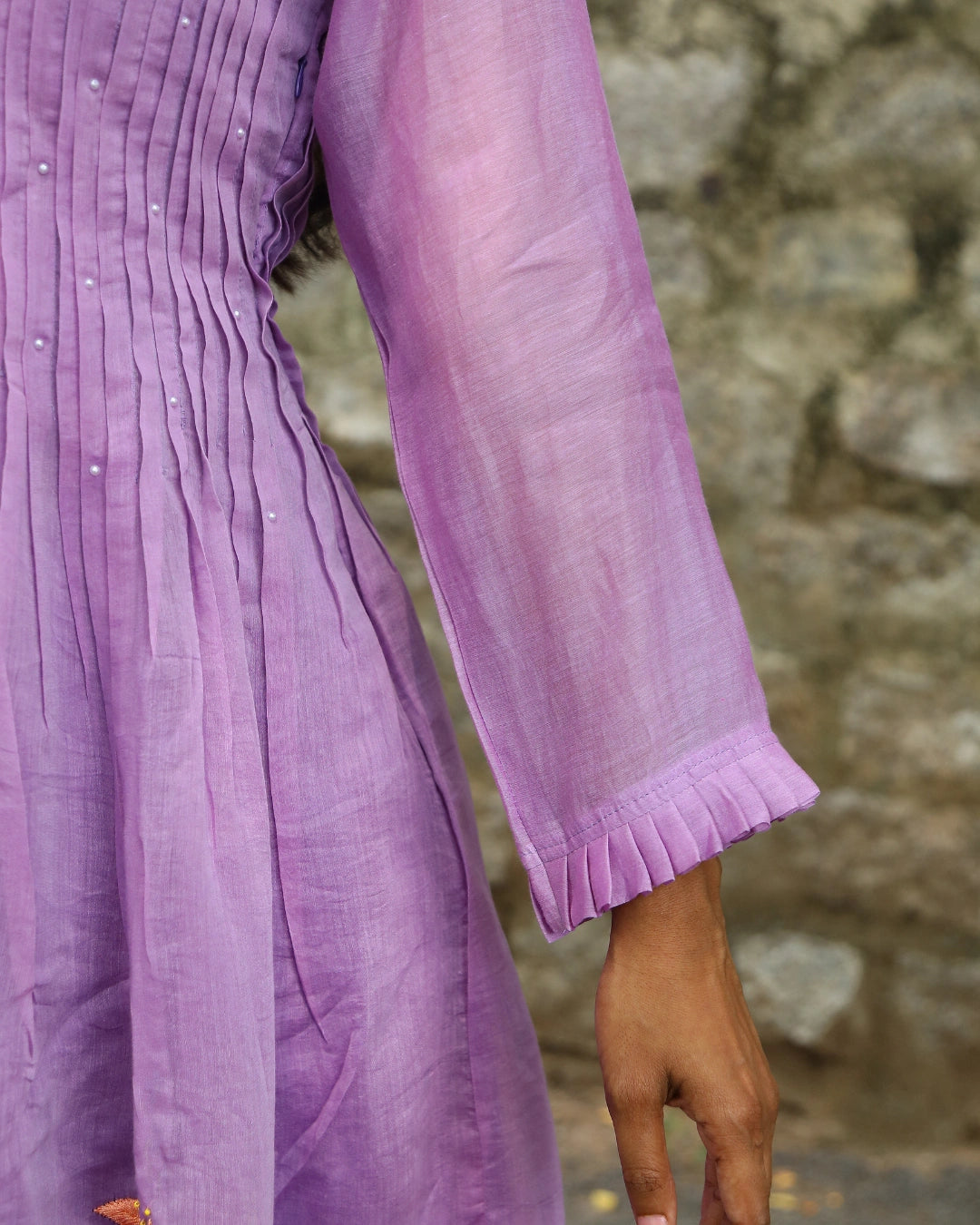Hand embroidered lavender chanderi dress