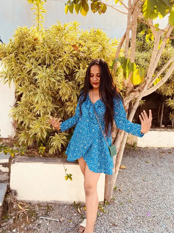 Blue Bandini Wrap Cotton Fabric Short Dress - wearendlessbloom