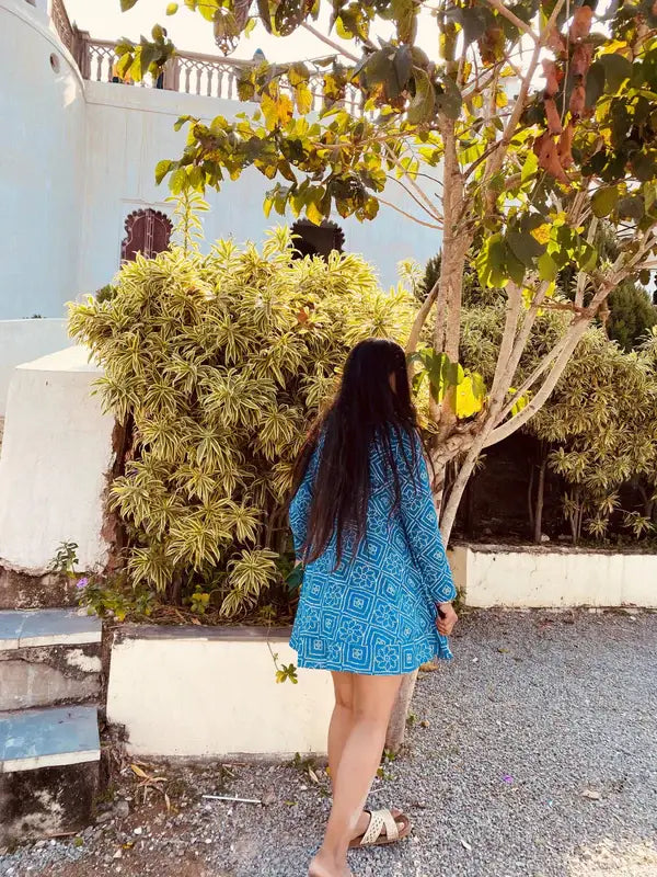 Blue Bandini Wrap Cotton Fabric Short Dress - wearendlessbloom