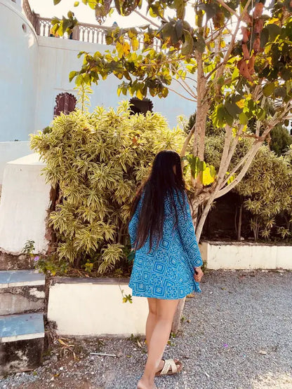 Blue Bandini Wrap Cotton Fabric Short Dress - wearendlessbloom