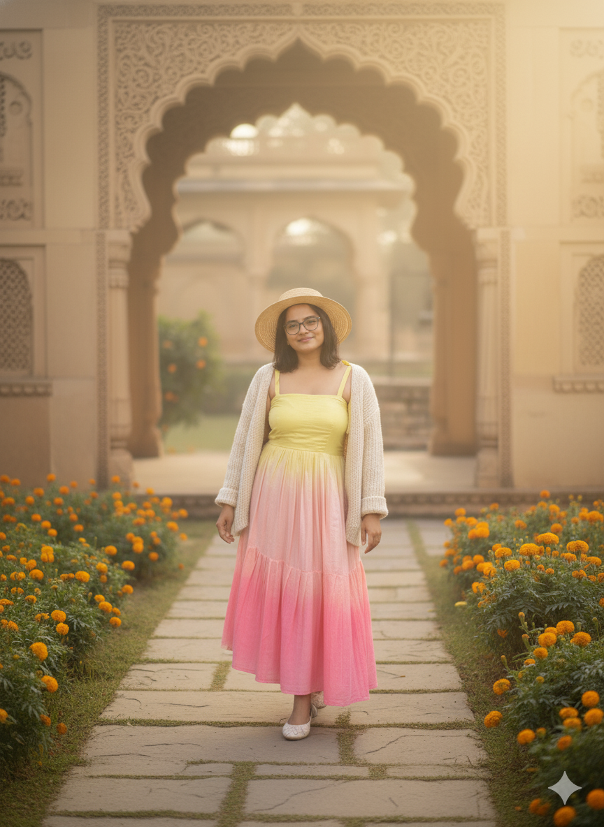 Pink And Yellow Shaded Mull Cotton Blush Midi Dress